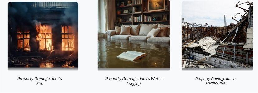 this image shows three types of property damage due to fire, water logging , and earthquake.